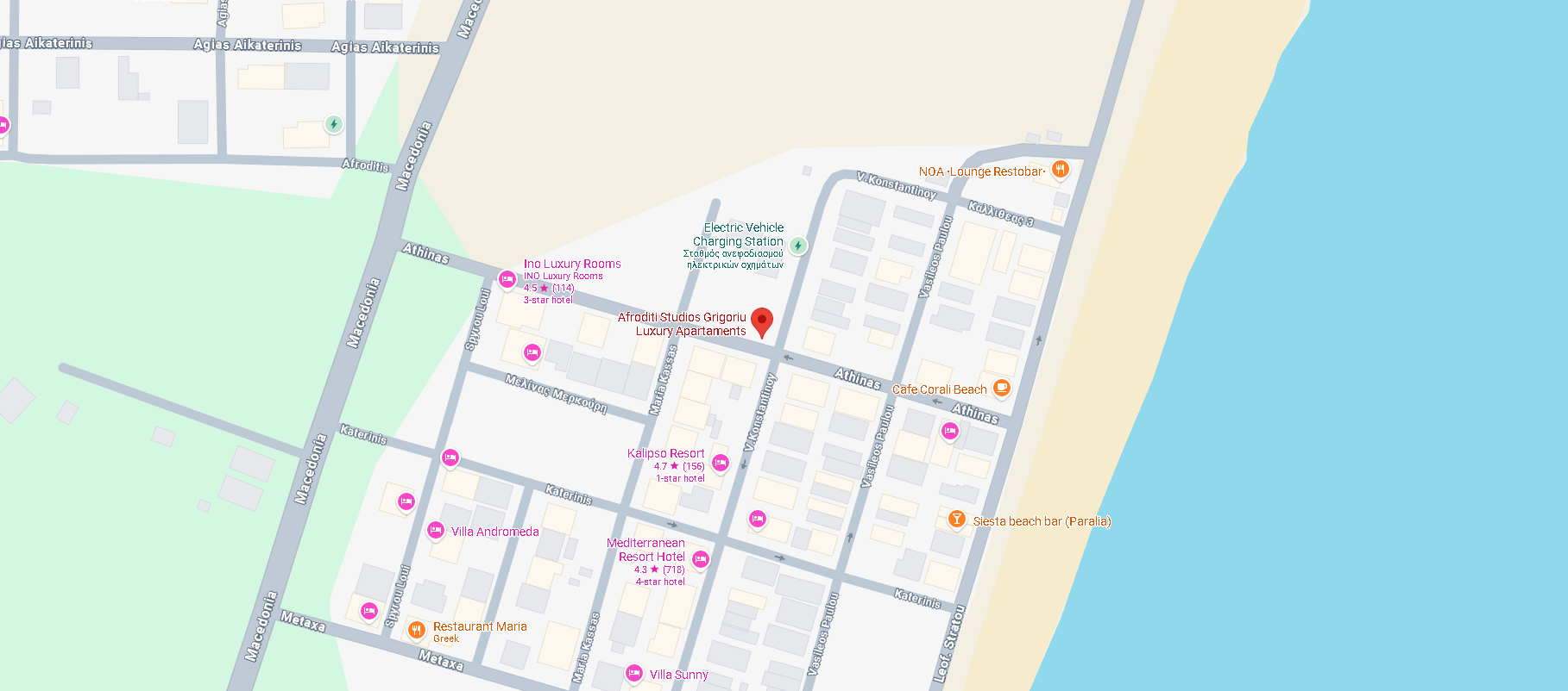 Harta detaliata cu pozitionarea Afroditi Studios Grigoriu Luxury Apartments in Paralia Katerinis, aproape de plaja